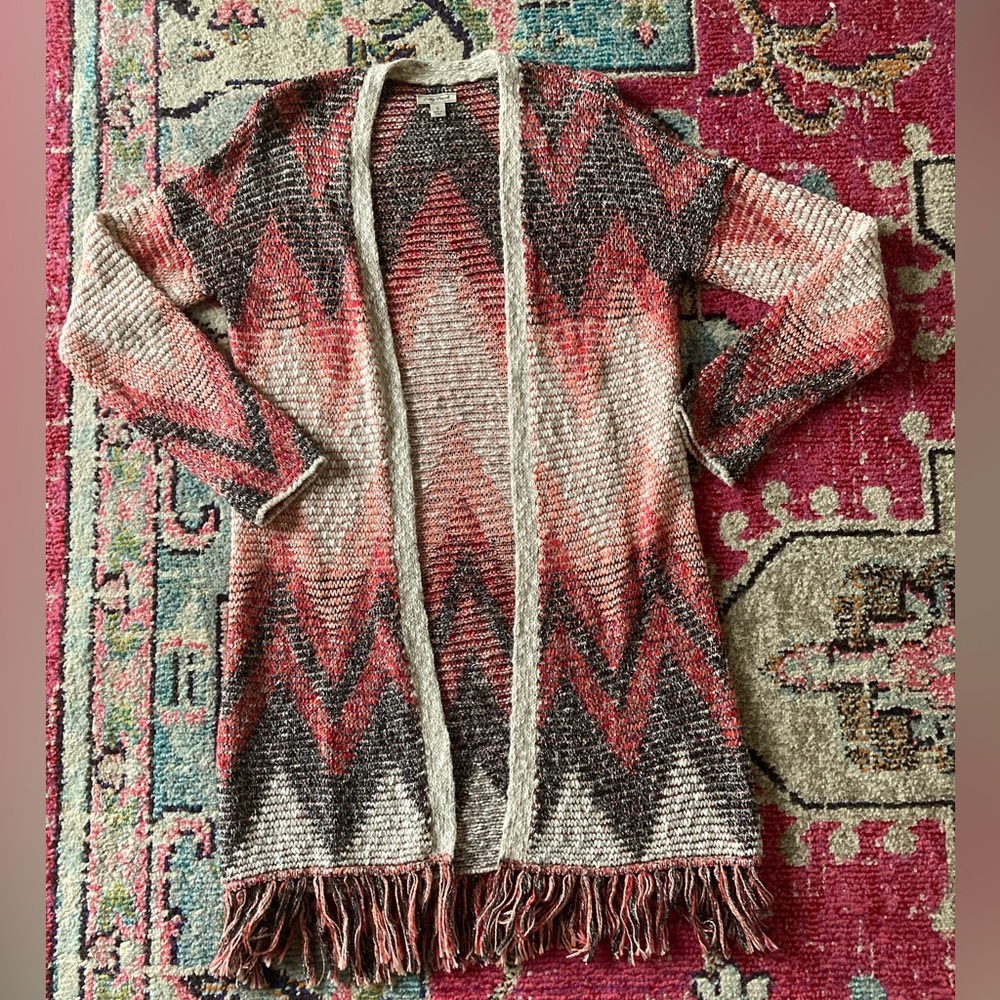 Lucky brand long knit sweater Aztec fringe hem size small